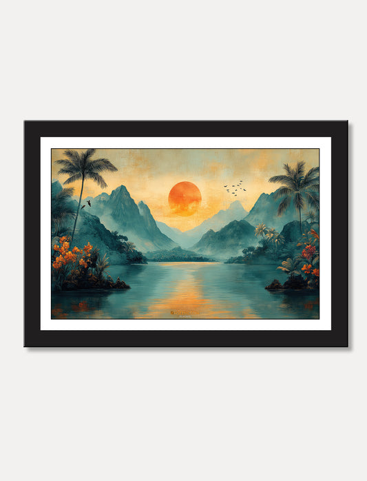 Mountains With Sun Nature Canvas Painting framed for Living Room, Bedroom, Home, Office, Hotels decore