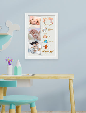 Baby Birthday Customised 3 Photo wtih date and name, parents name weight, white premium quality  Frames