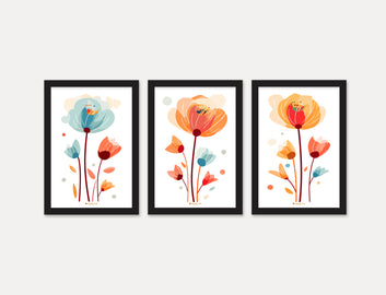 Orange & Blue Printed Abstract Painting Wall Art of 3 Piece Wall Décor Set of Framed Wall Hanging Photo Framed | For Hotel, Office & Home
