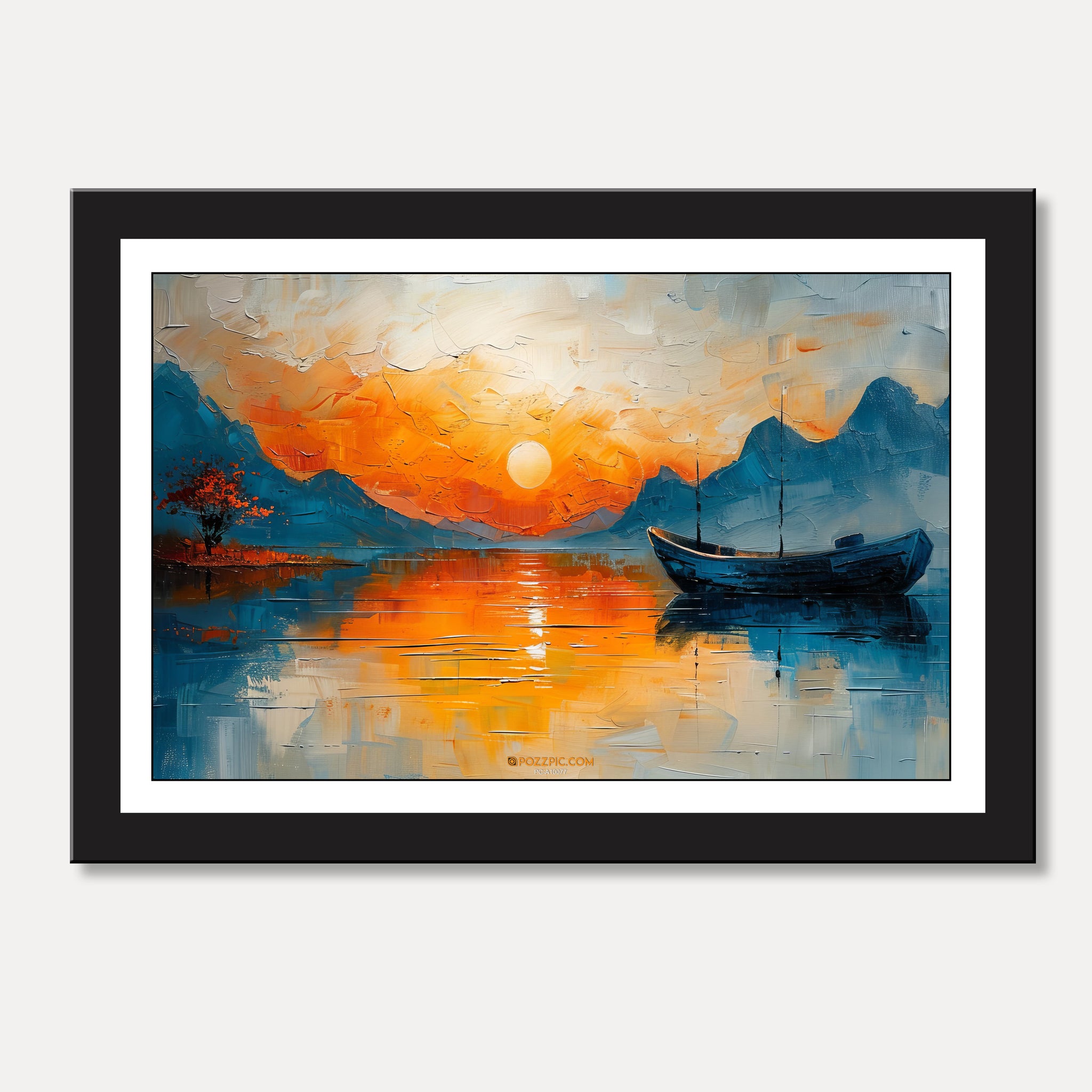 Ocean Sun And Solitary Boat Wall Painting framed for Living Room, Bedroom, Home, Office, Hotels decore