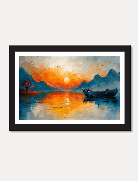 Ocean Sun And Solitary Boat Wall Painting framed for Living Room, Bedroom, Home, Office, Hotels decore