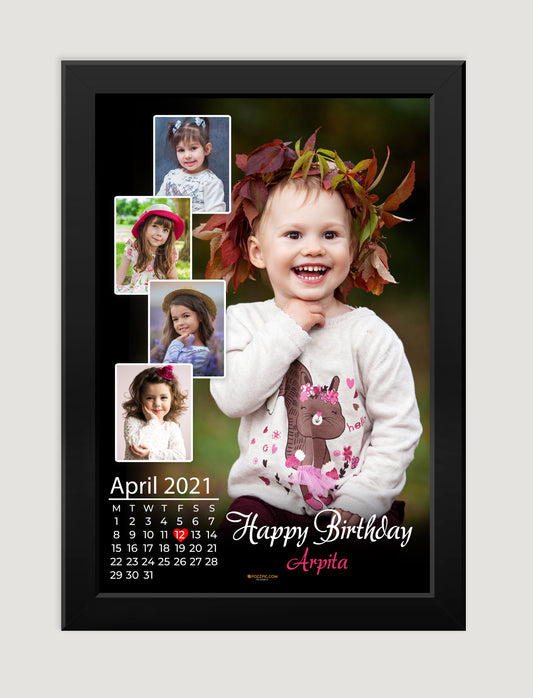Birthday Customised Photo wtih calendar and name white Framed
