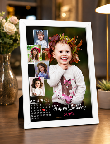 Birthday Customised Photo wtih calendar and name white Framed
