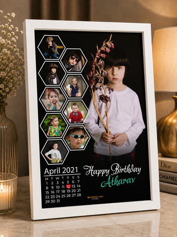 Personalized Birthday Photo Collage Frame for Boys | Custom Name & Photo Calendar Frame | Premium Black Frame | Birthday Gift