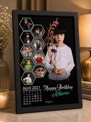 Personalized Birthday Photo Collage Frame for Boys | Custom Name & Photo Calendar Frame | Premium Black Frame | Birthday Gift