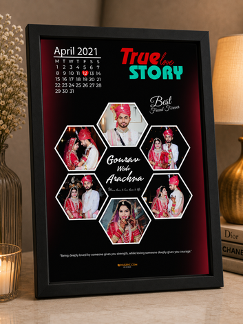 Personalized Wedding Photo Collage Frame | Custom Couple Photo Frame with Calendar | True Love Story Design | Premium White Frame | Anniversary & Wedding Gift