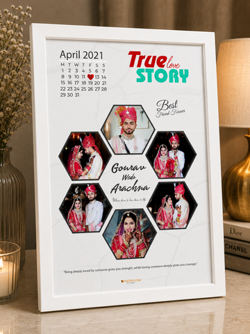 Personalized Wedding Photo Collage Frame | Custom Couple Photo Frame with Calendar | True Love Story Design | Premium White Frame | Anniversary & Wedding Gift